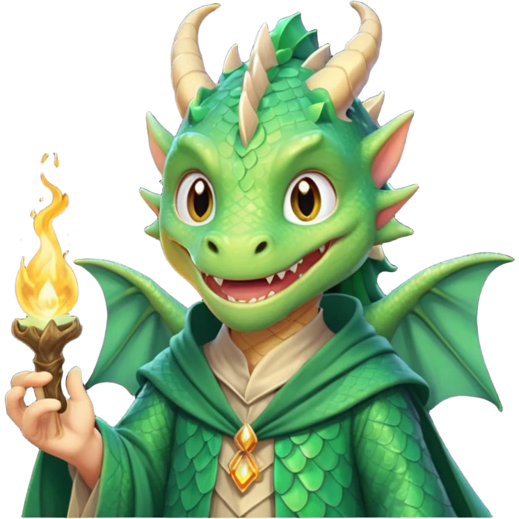 A dragon wearing wizard robes, casting a spell with a curious grin, portrait, bust up emoji