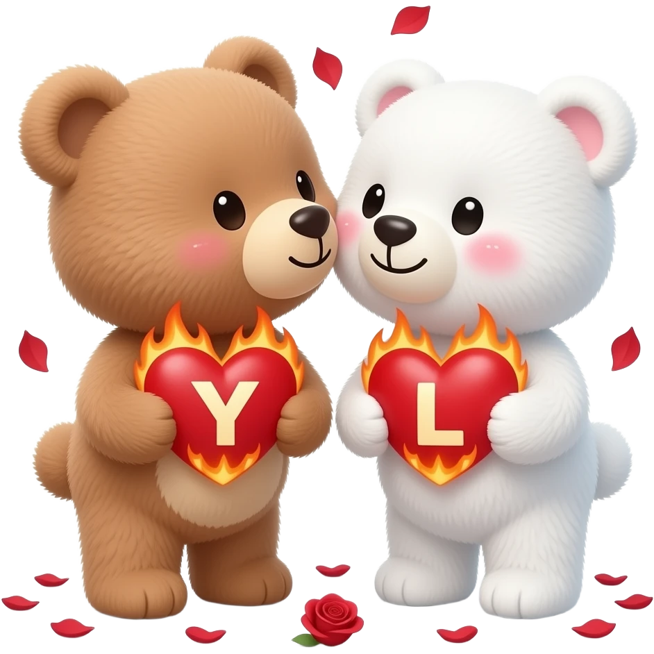 I want one light brown bear teddy kissing on cheek white bear teddy both holding heart , both a little furry, the  white bear blushes and smiles , add letter Y to the heart of the brown bear and letter L to the heart of the white bear , raining rose petals , hearts on fire emoji
