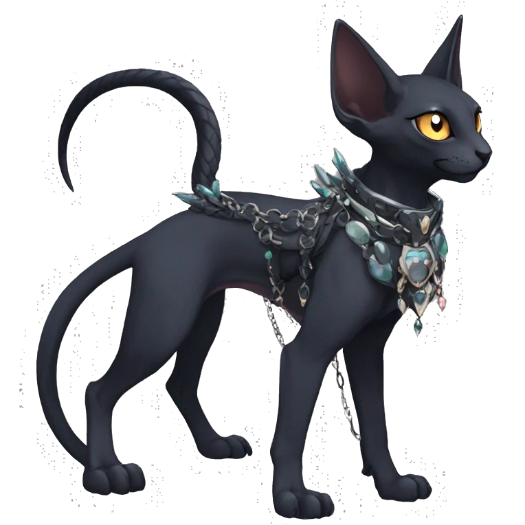 cool punk kawaii cartoon edgy distinguished pretty elegant beautiful fantasy black ethereal nargacuga-Noivern-sphynx-Quiana-Fakemon collar harness chains necklace full body emoji