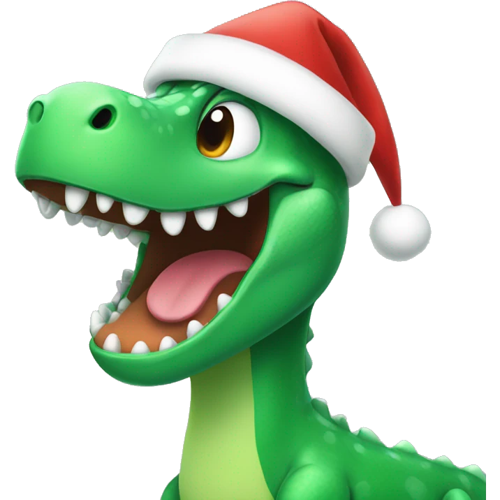 happy green dino wearing a santa hat emoji
