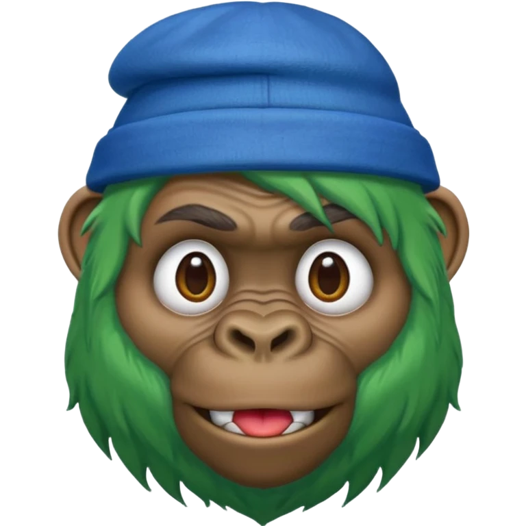 green haired gorilla head with blue hat, apple style emoji, no text, facing slightly left emoji