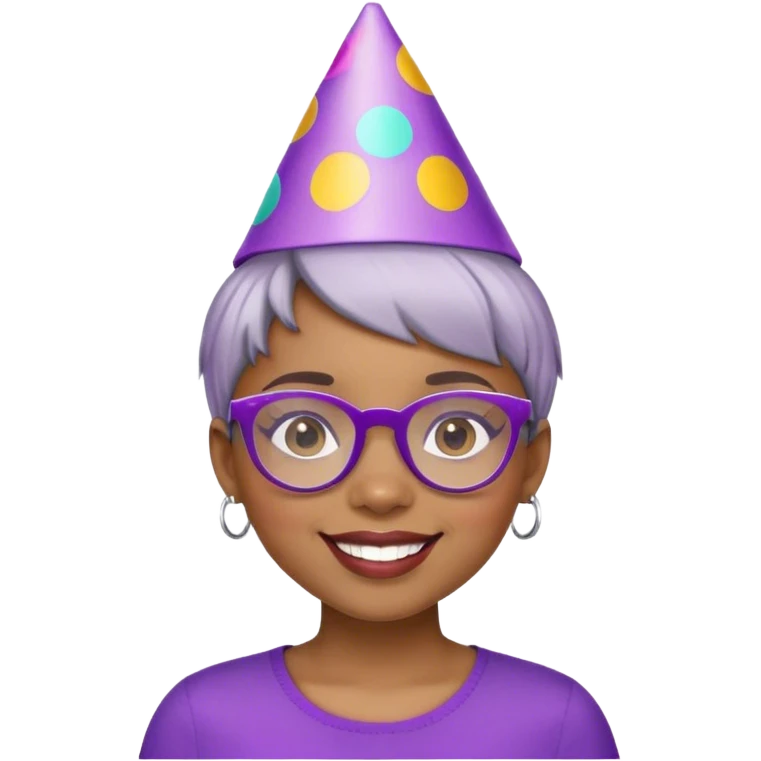 Light skinned Black girl with purple glasses short natural gray haircut celebrating birthday emoji