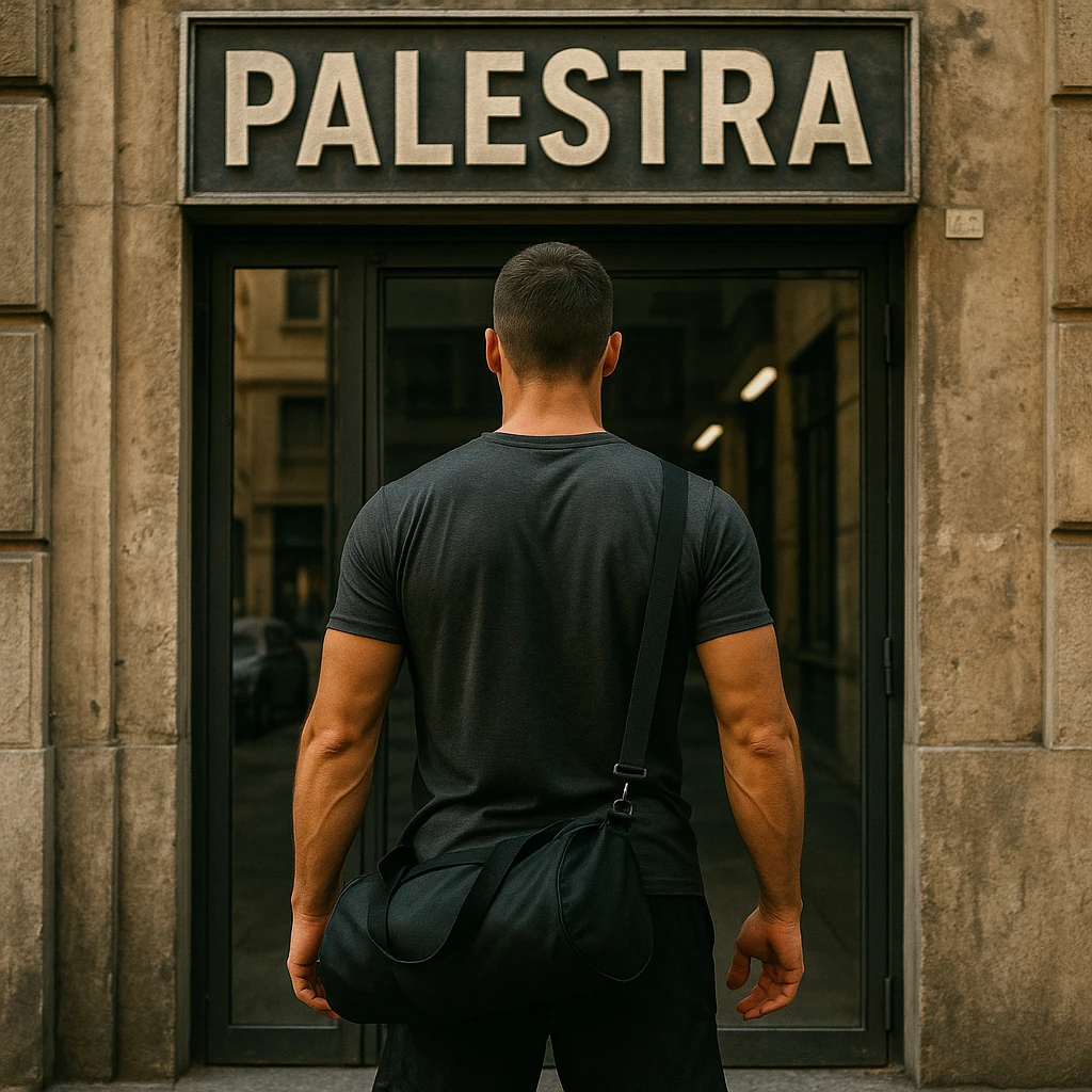 hyper realistic man seen from behind standing in front of a gym entrance with the sign 'Palestra', ready to enter, realistic details, motivating atmosphere, urban background emoji