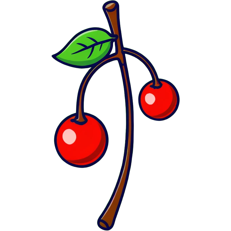 Bunch of three red cherries with stems and green leaves emoji
