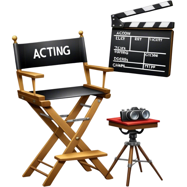 Icon for Acting: a theatrical mask, stage lights, a director’s chair, a script, a vintage film camera and a clapperboard, representing the craft of acting in theater and film. The design should reflect creativity, performance, and storytelling. Transparent background. emoji