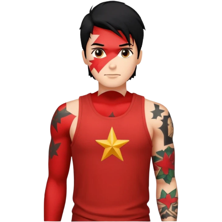 Guy with red tank top and starwhat with black hair emoji
