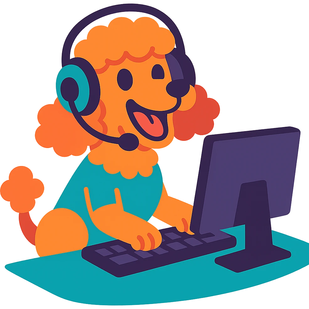 energetic and fun poodle dog with gaming headset sitting at a computer, cartoon style emoji