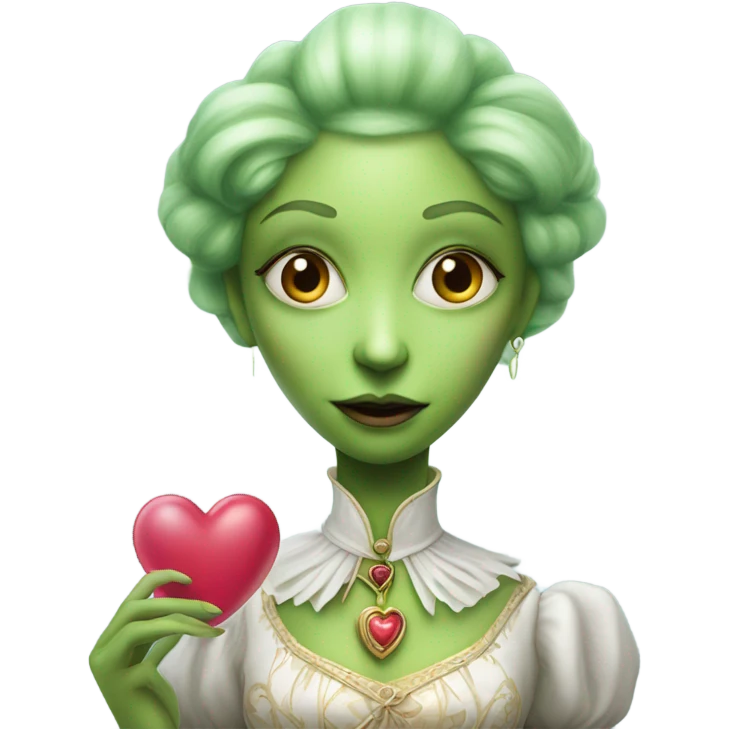 a green amazon alien woman in Victorian white gold, pink hair full body,holdig, red big hearth emoji