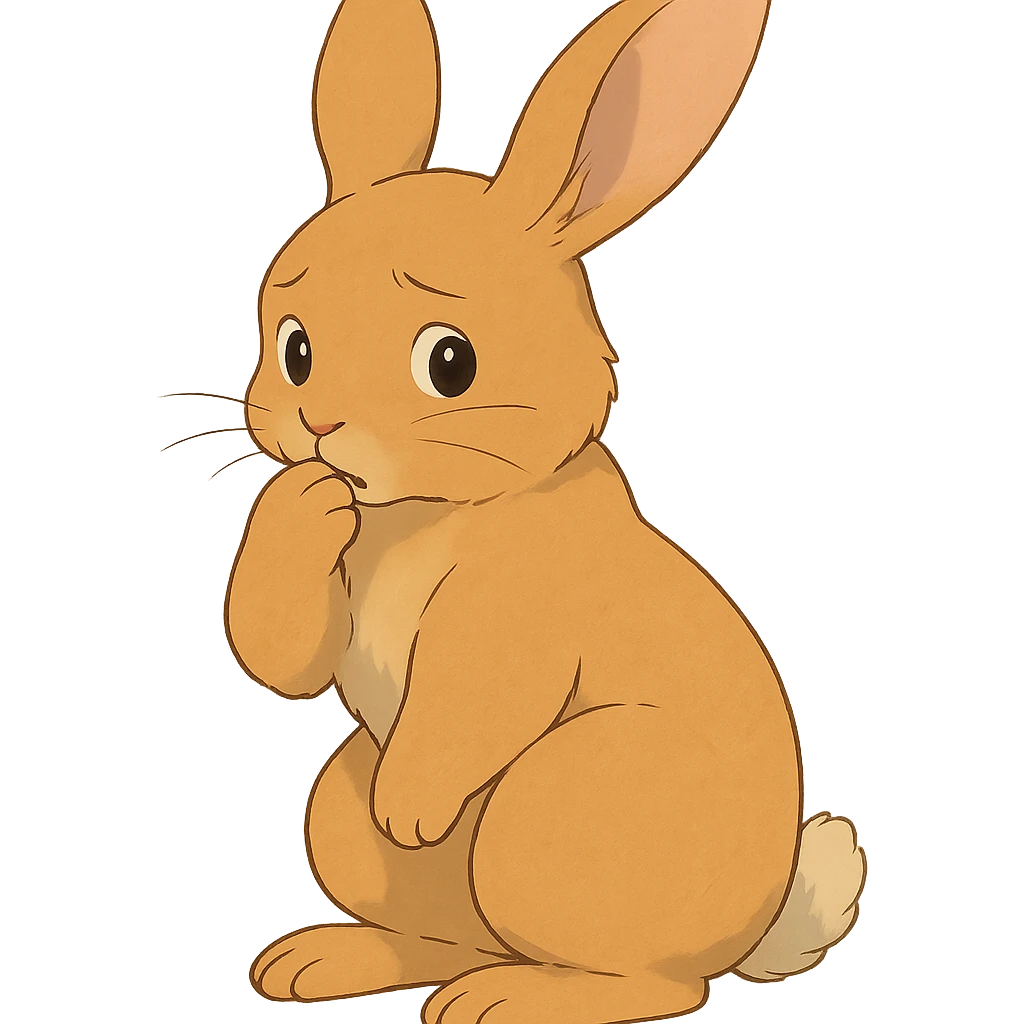 apricot bunny biting paw nervously, full body, soft Ghibli style, flawless appearance, no imperfections emoji