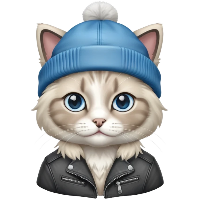 Ragdoll cat wearing a leather jacket and a beanie emoji