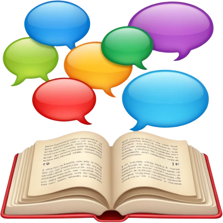 open book with several speech bubbles in different languages emoji