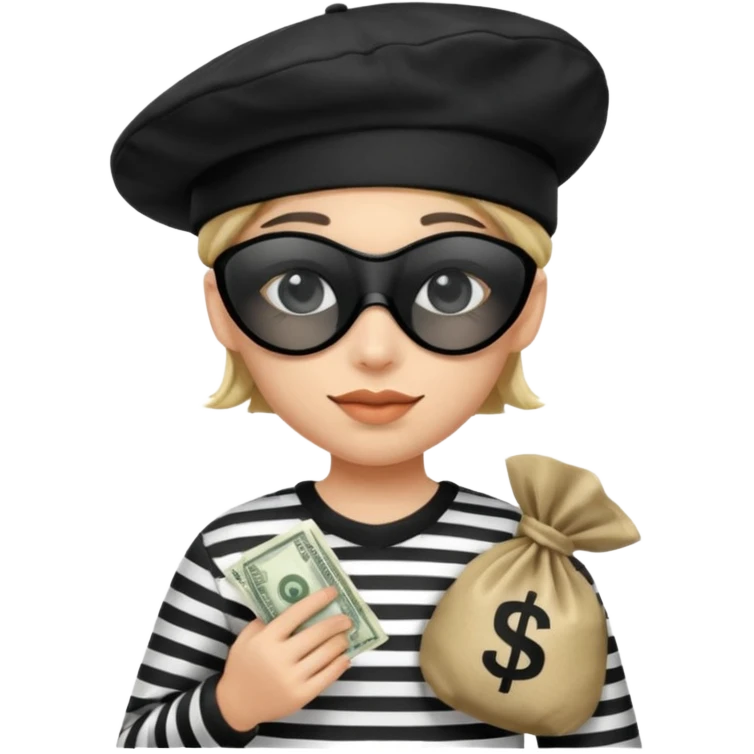 Emoji Ladron Un Antifaz En Los Ojos Con Un Gorro Negro,Ropa De Rayas Blancas Y Negras Y Una Bolsa De Dinero Con El Símbolo emoji