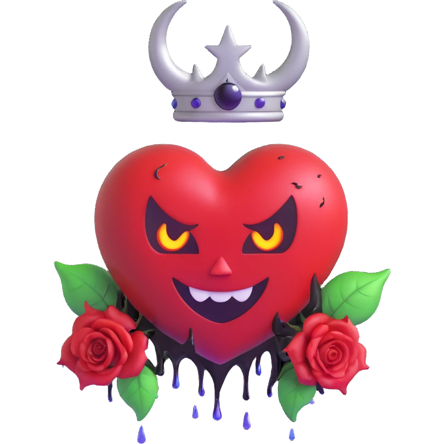 3D emoji devil heart, deep purple glass, large devil horns, curled tail, black rose crown, silver crescent moon, electric lightning, glossy rain, shattered glass, blood pooling at base emoji