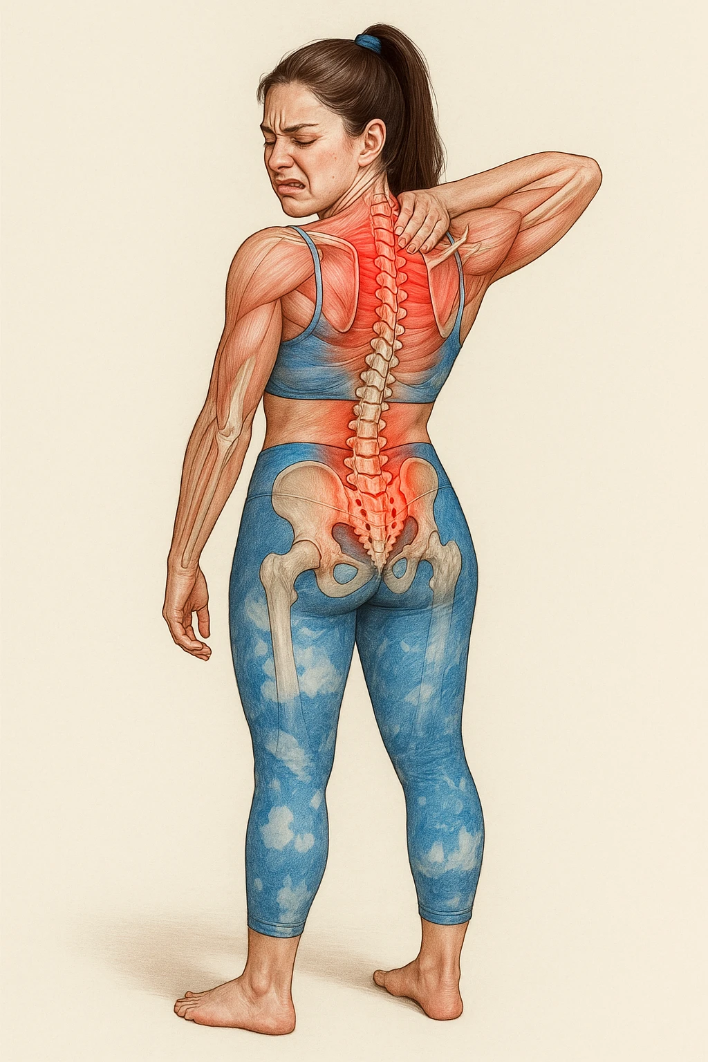 Realistic anatomical illustration of a woman in sportswear inspired by the reference photo, showing pain in the upper back (dorsal area) with highlighted muscles and vertebrae involved, hand on the painful area, pained expression, neutral background. emoji