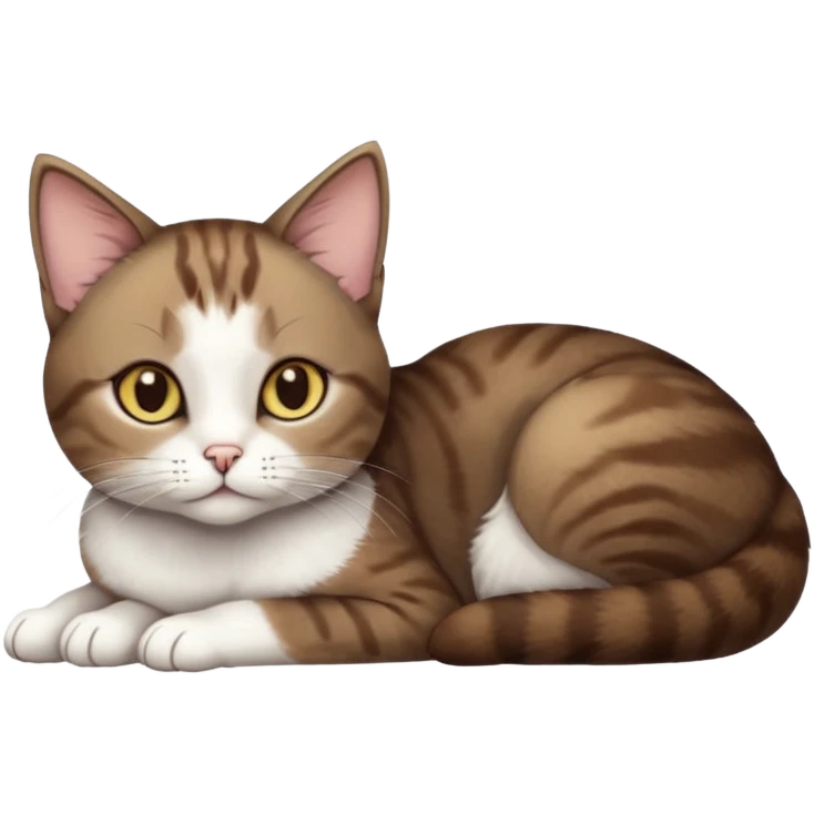 full body tiny short hair dark brown and white cat with hazel eyes lying down emoji