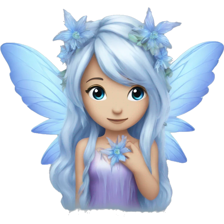 Beautiful, ice, blue flower, fairy, blue, silver, purple, long hair, big wings emoji
