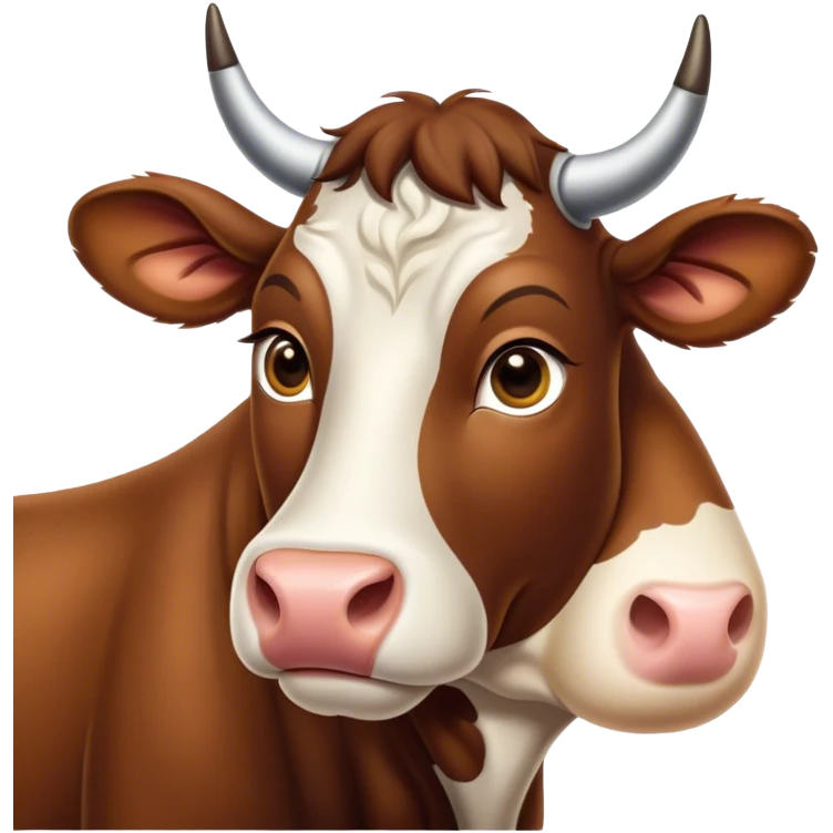 Cinematic Noble Brown Cow Portrait Emoji, Poised and regal, with a large, sturdy build and a smooth, well-groomed deep brown hide, deep-set soulful brown eyes, Simplified yet sharp and sophisticated features, highly detailed, glowing with a soft, dignified glow, high shine, intelligent and calm, stylized with an air of pastoral majesty, focused and attentive, soft glowing outline, capturing the essence of a watchful and confident bovine guardian, so majestic it feels as though it could amble out of the screen with effortless authority! emoji