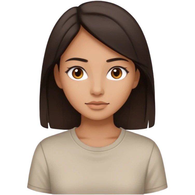Koyu saçlı, genç bir kadın. Ten rengi buğday. Gözleri kahverengi. Saçları düz (veya kıvırcık) ve orta uzunlukta. Soft makyajlı, sade stil. emoji