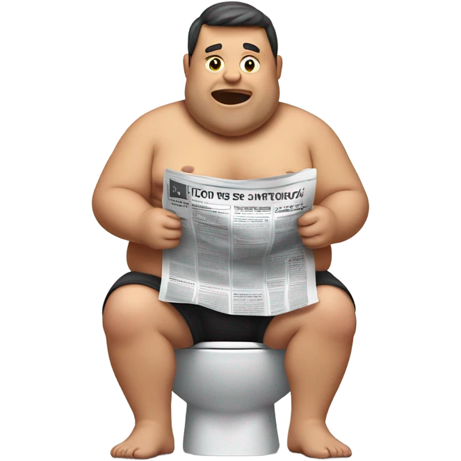 fat guy sitting on toilet reading newspaper no shirt front view emoji