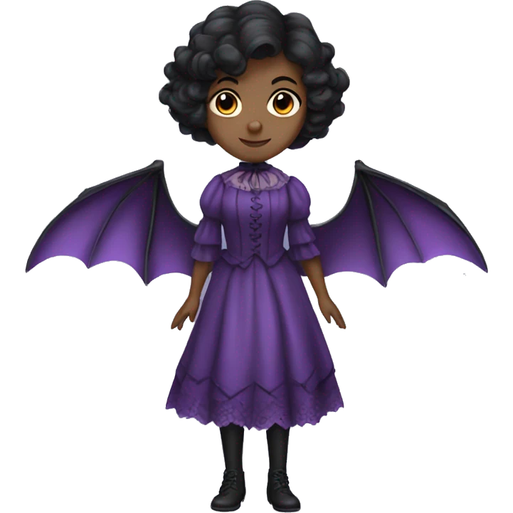 black short haired girl with a purple victorian dress that has bat wings emoji