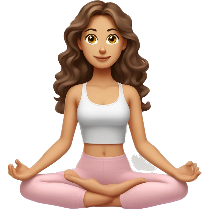 Brunette long curled hair and hazel eyes yoga beautiful girl in light pink clothes sitting on a yoga mat emoji