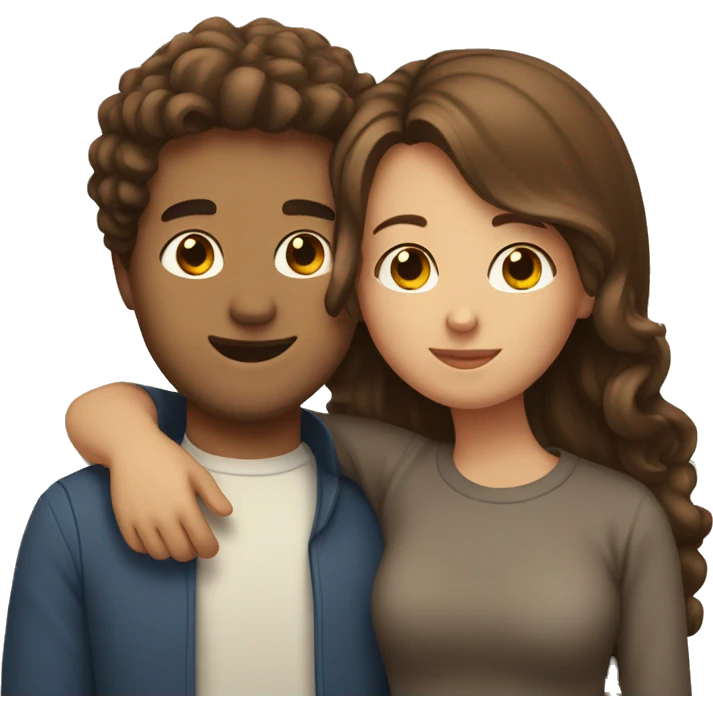 Girl with long straight brown hair hugging a guy with short curly brown hair emoji