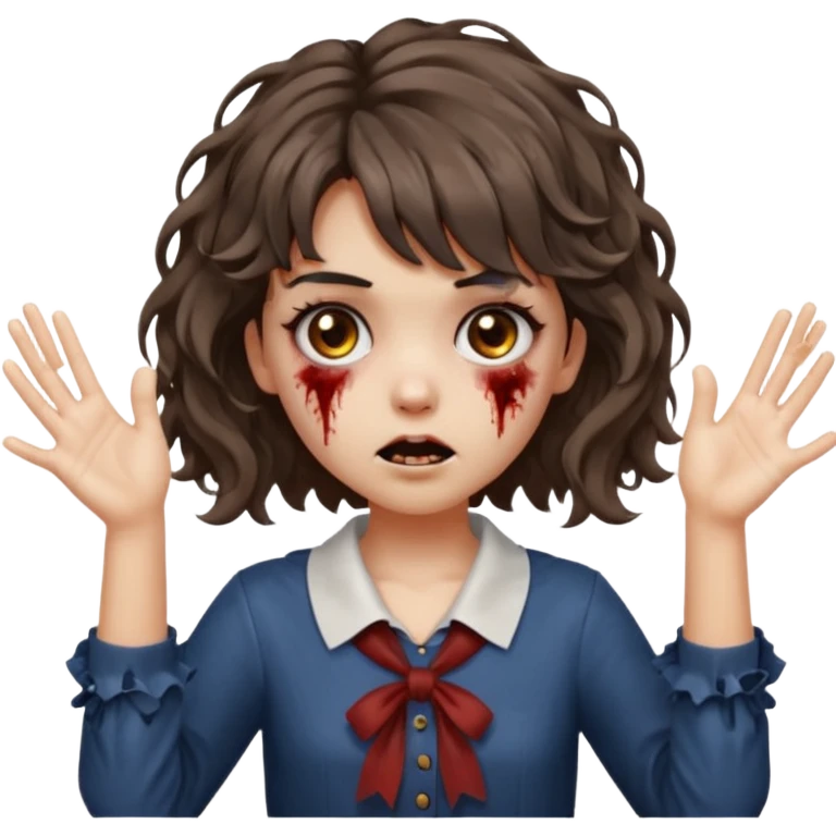 Cabelo ondulado  um pouco cheio e franja curta  Olhos marrons e pequenos e feita d ezumbi mais bonita com cabelo amarro na e com as mãos assim tipo assim🧟‍♀️ emoji