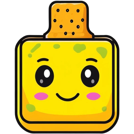 A cheerful yellow kitchen sponge with a cute smiling face and eyes emoji