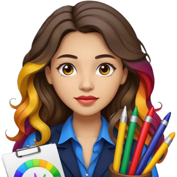 female dark wavy long hair graphic designer , color wheel, pens, papers emoji