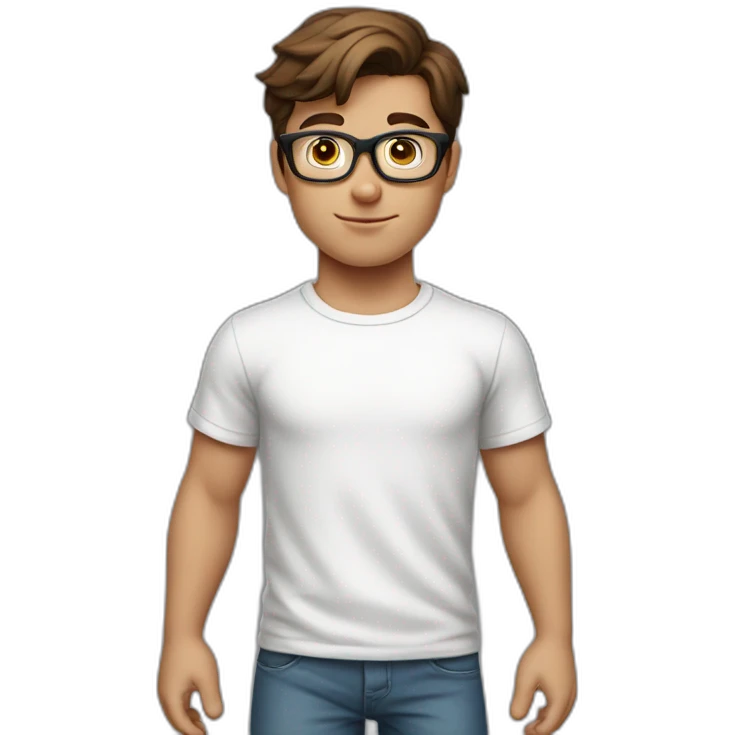 front view of young clark kent wearing white t-shirt using a laptop emoji