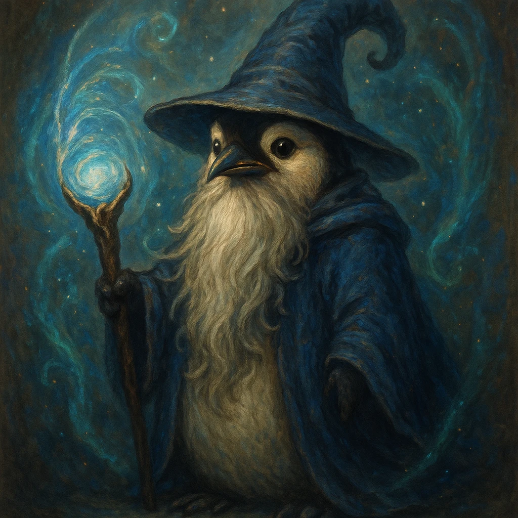 a penguin wizard with a long beard, magical staff, and mystical aura, in a fantasy-inspired style emoji