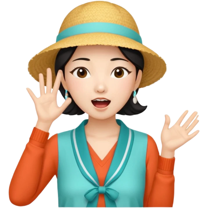 밝고 들뜬 표정의 20대 한국 여자, 여름 옷차림, 두 손을 입 근처에 두고 외치는 듯한 포즈. 민트색 배경, 유쾌한 광고 포스터 느낌, MZ 감성.

휴양용 옷차림 emoji