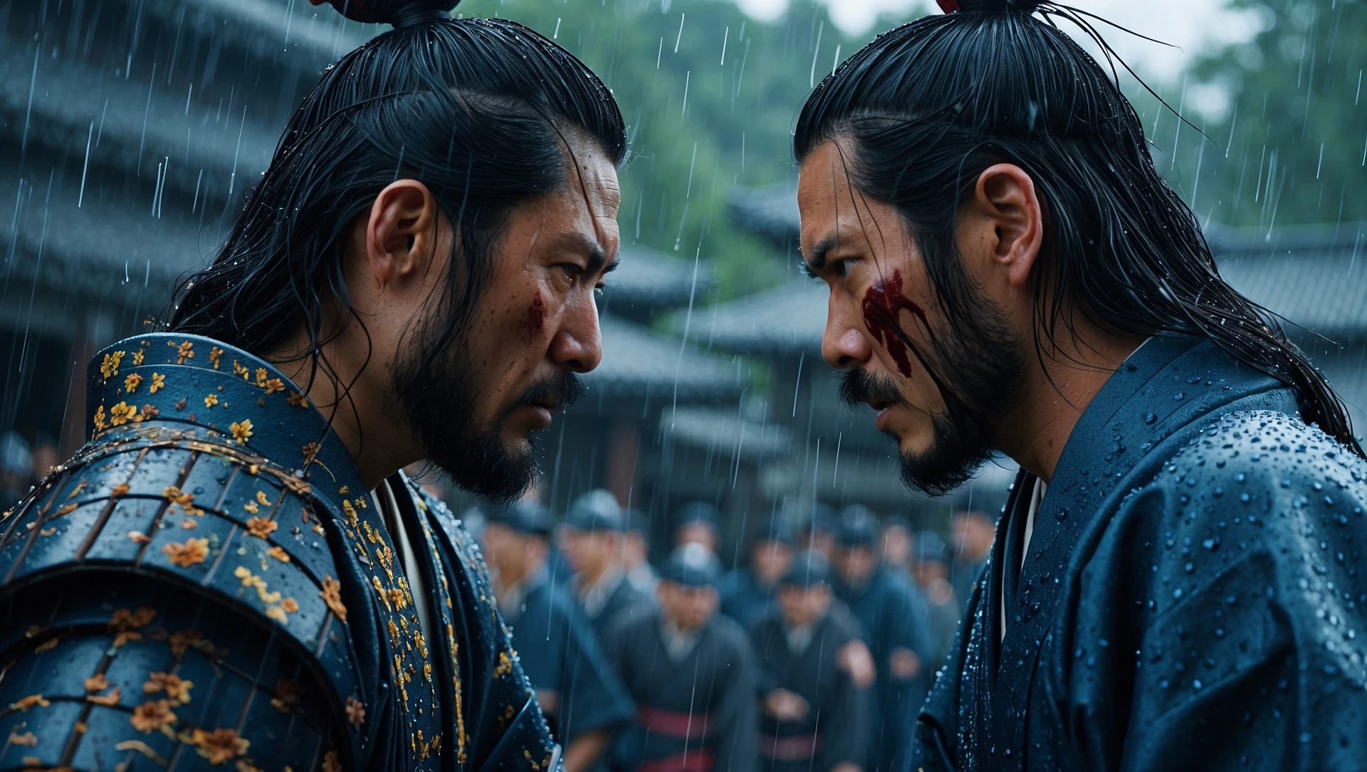 A cinematic scane from 1185, Long shot of a two japan samurai face to face ready to fight during rain, deph composition, tense atmosphere, captured by by arri alexa, film directed by wes anderson emoji