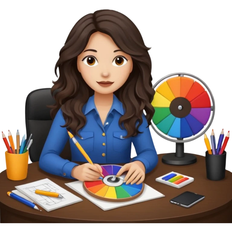 female dark wavy long hair graphic designer , holding color wheel , pens, papers, desktop emoji