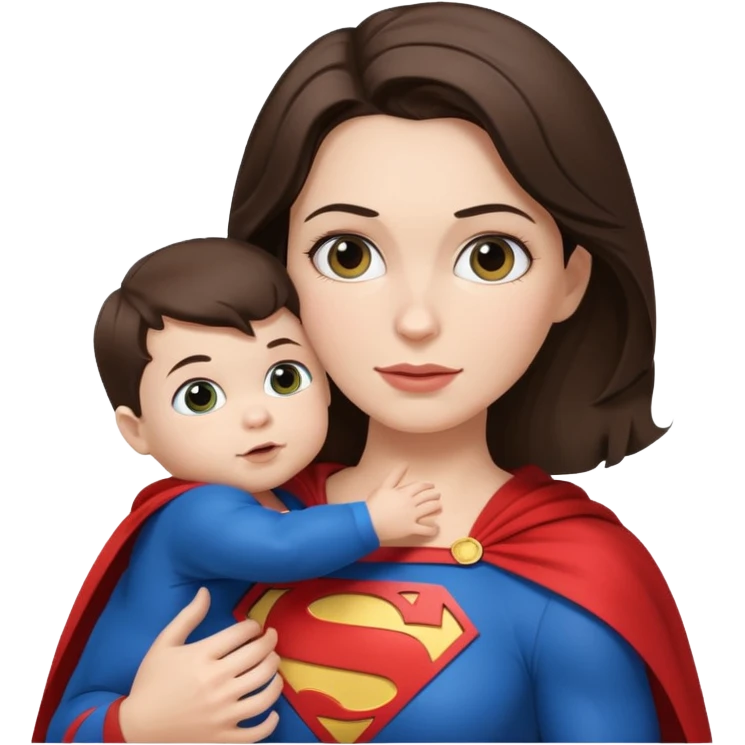 mother white skin brunette dressed as Superman with a cape holding a baby emoji