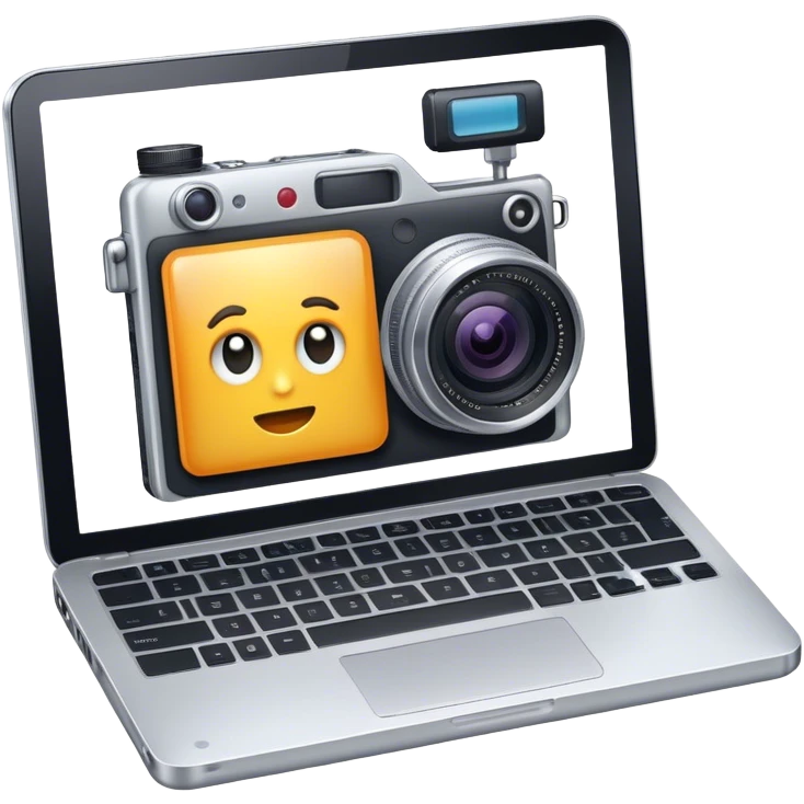 Create an emoji representing blogging. The design should feature an open laptop with a visible blog post on the screen, showing text. Add a photo or video camera to emphasize multimedia content. Do not include any emojis or smiley faces. Make the background transparent. emoji