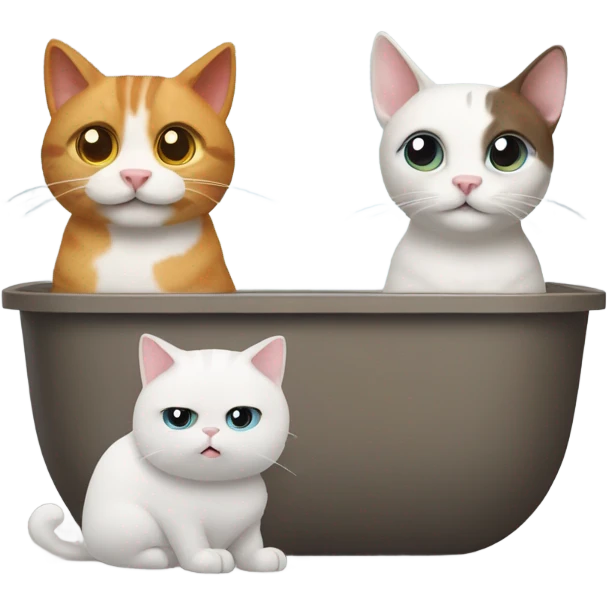 2 cats sharing a litter box under a set of stairs well a dog looks on emoji