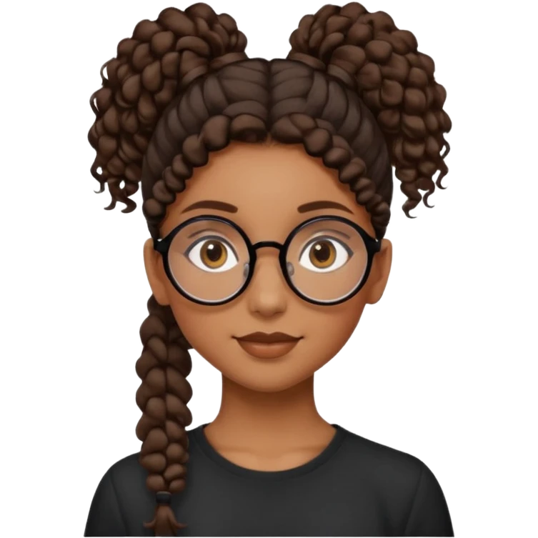 chica morena de ojos claros con gafas negras exagonales redondeadas. y pelo rizado castaño con todo el pelo recogido en una coleta .. Con todo el pelo recogido un clen look solamente una coleta tiene 16 años. hazlo como la segunda imagen pero sin el moño emoji