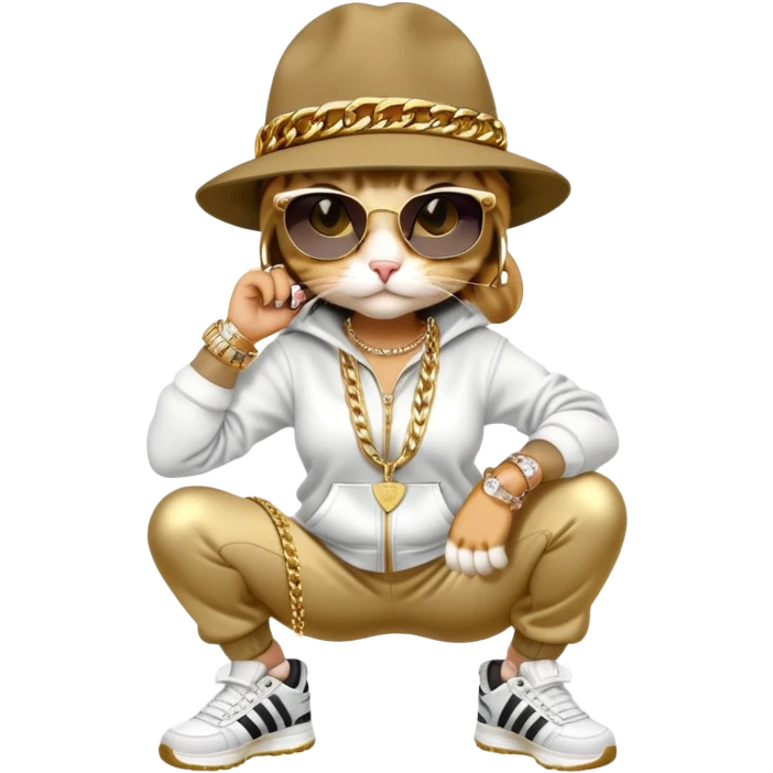 female cat wearing Run DMC hip-hop outfit with tracksuit, fedora, Adidas sneakers, dark sunglasses, many gold chains, rings, bracelets, flashy earrings, upright pose emoji