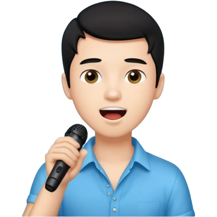 Beautiful Boy with black hair singing karaoke funny light blue aesthetic background with lights emoji