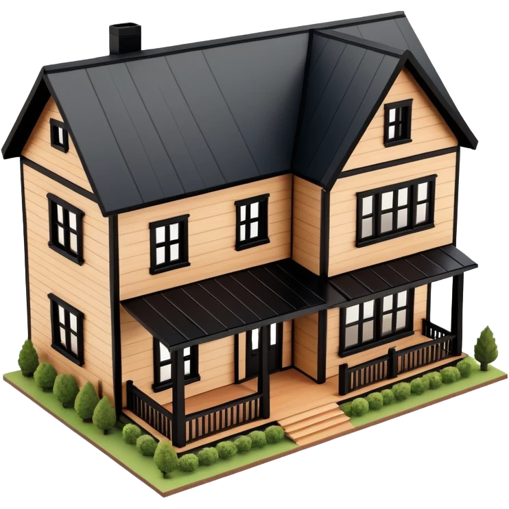 brown wooden modern farmhouse with black trim exterior, isometric dollhouse-style, highly detailed  emoji