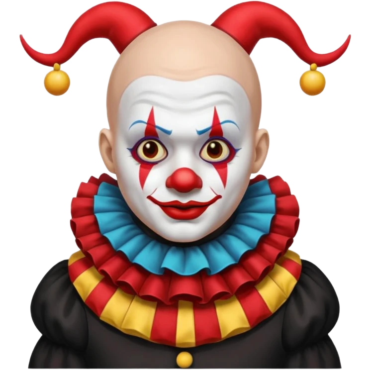 Crea un payaso con toda la cara blanca sin pelo con cuernos de color negro, que su cuerpo tenga un traje de payaso negro con rojo emoji