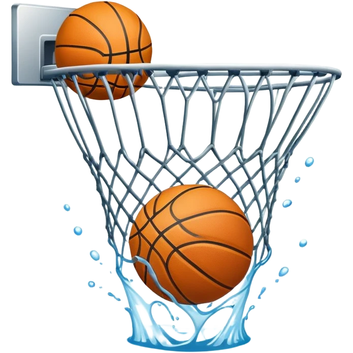 Basketball with net creating a splash effect as ball goes through, water-like net, iOS emoji style emoji