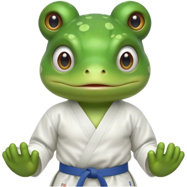 cute frog doing karate portrait, head and shoulders only, wearing white gi uniform, green belt visible, funny serious face, 3D cartoon, mobile game icon style, clean background, no text, no watermark
 emoji