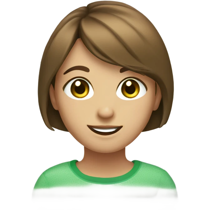 smiling girl with a short brown bob, freckles and green eyes  emoji
