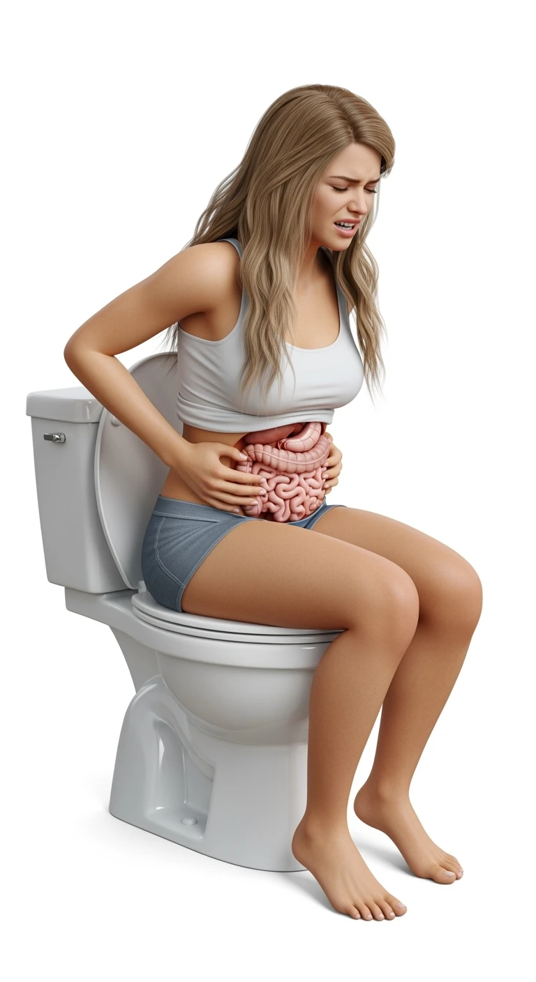 DONNA REALISTICA SEDUTA SUL WC CHE SI SFORZA CON ESPRESSIONE DI DOLORE, INTESTINO ANATOMICO REALISTICO VISIBILE, IPERREALISTICI 4K, ISOLATA SU SFONDO BIANCO emoji