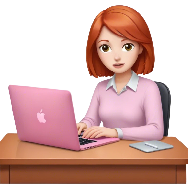 Bob hair Redhead sat at desk with pink MacBook  emoji