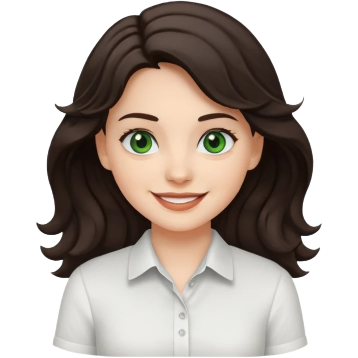 A White girl with wavy and dark hair, dark green eyes and a white shirt smiling emoji