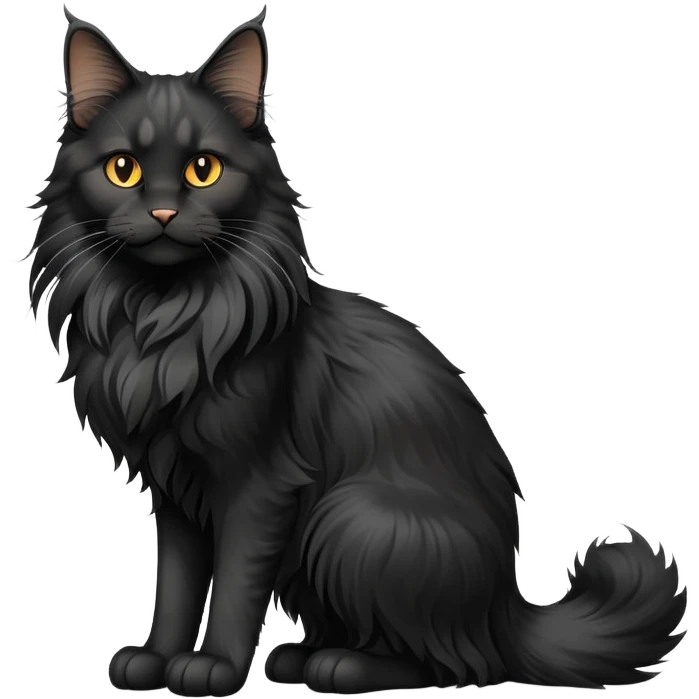 cinematic-black-maine-coon-cat-full-body-on all fours-emoji,-head-tilted-playfully-and-inquisitively,-sleek-solid black-fur,-simplified-yet-adorable-features,-highly-detailed,-glowing-with-a-warm,-friendly-glow -simplified-yet-realistic emoji
