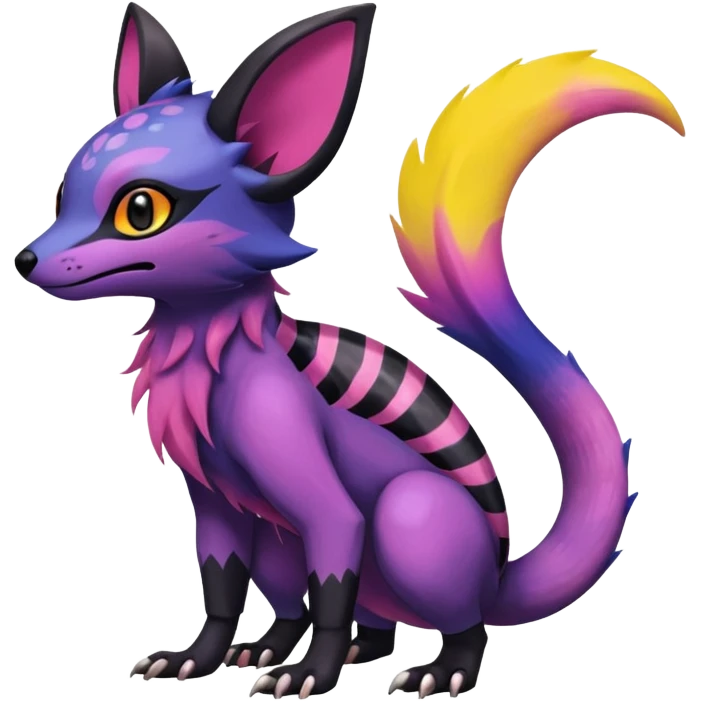 Rare epic aesthetic colorful Salandit-Noibat-Eevee-Civet-species-Fakemon-hybrid-creature, with markings, full body emoji